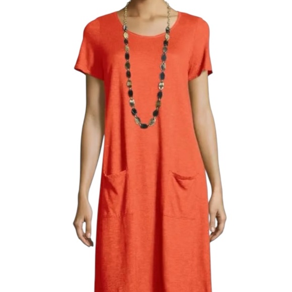 Eileen Fisher Orange T Shirt Midi Dress Size L Casual Beach‎ Vacation Pockets - Picture 1 of 6